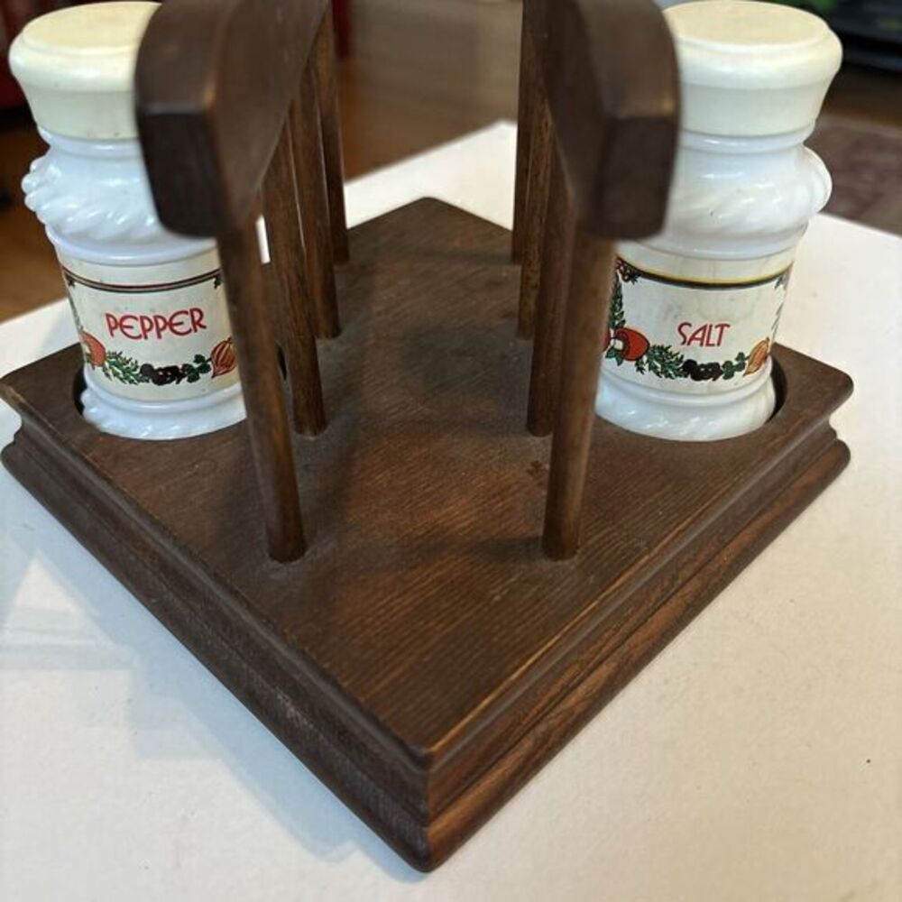 MCM Wood Napkin Holder Milk Glass Salt and Pepper Setβ Vintage Early American